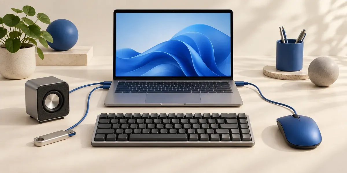 Ноутбук с подключёнными клавиатурой, мышью, колонкой и USB-накопителем