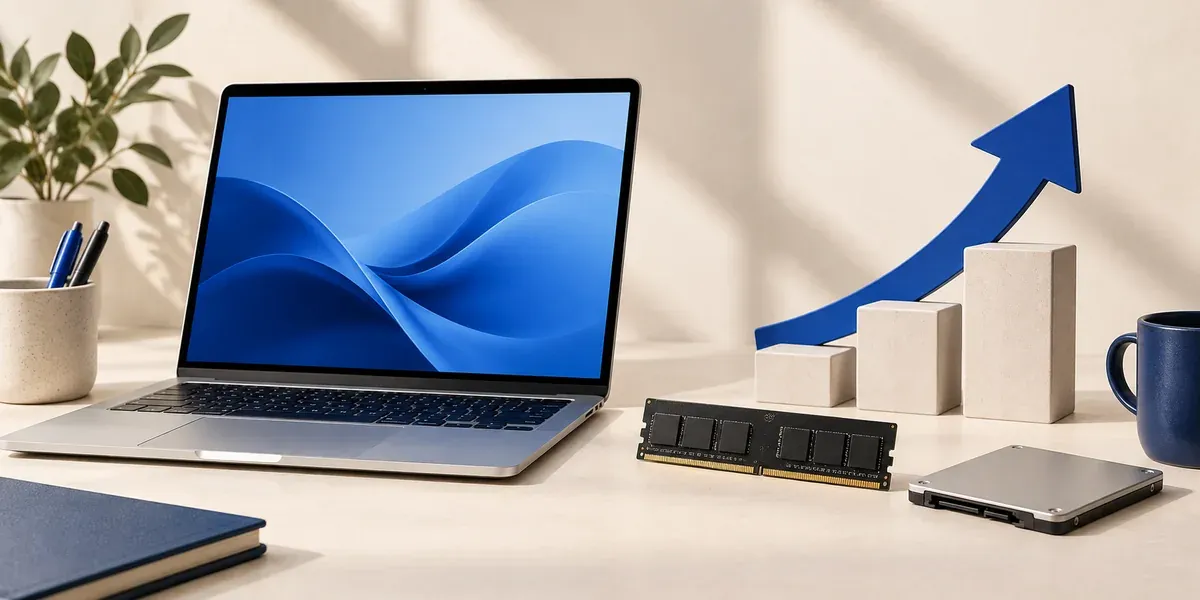 Ноутбук, SSD и модуль памяти рядом с символом повышения производительности