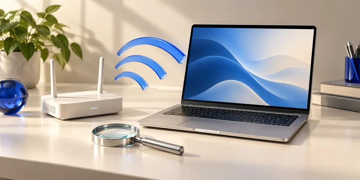 Ноутбук, Wi-Fi-роутер и лупа для диагностики подключения
